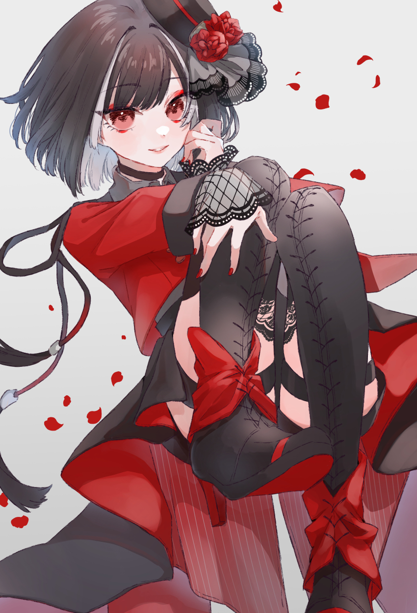 1boy absurdres black_boots black_choker black_hair black_hat black_shorts black_skirt bob_cut boots choker collared_shirt cropped_jacket enon_kt eyeshadow falling_petals flower foot_out_of_frame gradient_background grey_background grey_shirt hand_on_own_cheek hand_on_own_face hand_on_own_knee hat hat_flower high_heel_boots high_heels highres invisible_chair jacket knees_together_feet_apart kyogoku_masamune lace-trimmed_boots lace-trimmed_sleeves lace_trim legband legs_up long_sleeves looking_at_viewer makeup male_focus mini_hat multicolored_hair nail_polish overskirt parted_lips petals red_eyes red_eyeshadow red_flower red_jacket red_nails red_rose rose rose_petals shirt short_hair shorts simple_background sitting skirt smile solo streaked_hair tassel touken_ranbu trap white_background white_hair wing_collar