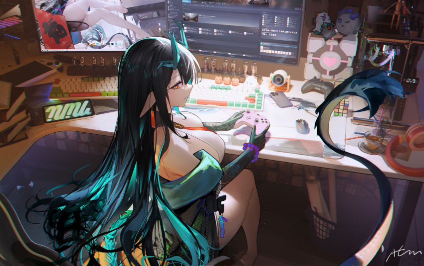 1girl aqua_horns arknights ass bare_shoulders black_hair breasts colored_skin computer_keyboard computer_mouse controller dragon_girl dragon_horns dragon_tail dress dusk_(arknights) earrings eastern_dragon_tail game_controller green_horns green_skin headphones holding horns jewelry large_breasts long_hair looking_at_viewer looking_back monitor multicolored_hair necktie nixie_tube off_shoulder omone_hokoma_agm pointy_ears portal portal_(series) portal_2 red_eyes sitting sleeveless solo steins;gate streaked_hair tail tassel white_dress