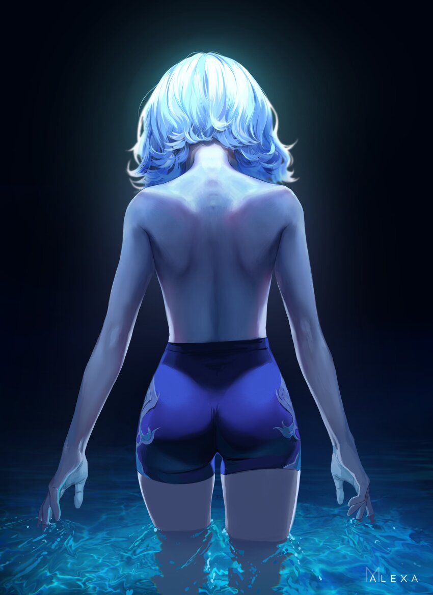 1girl absurdres artist_logo ass dark_background from_behind furina_(genshin_impact) genshin_impact grey_hair hashtag-only_commentary highres logo m_alexa short_hair short_shorts shorts shoulder_blades solo topless_female wading