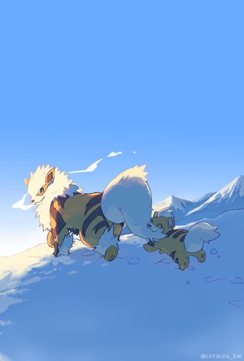arcanine biting_another&#039;s_tail blue_sky breath cetacea_kw closed_mouth evolutionary_line fluff full_body gen_1_pokemon growlithe highres looking_back mountain nintendo no_humans orange_fur outdoors pokemon pokemon_(creature) sky snow sunrise tail twitter_username