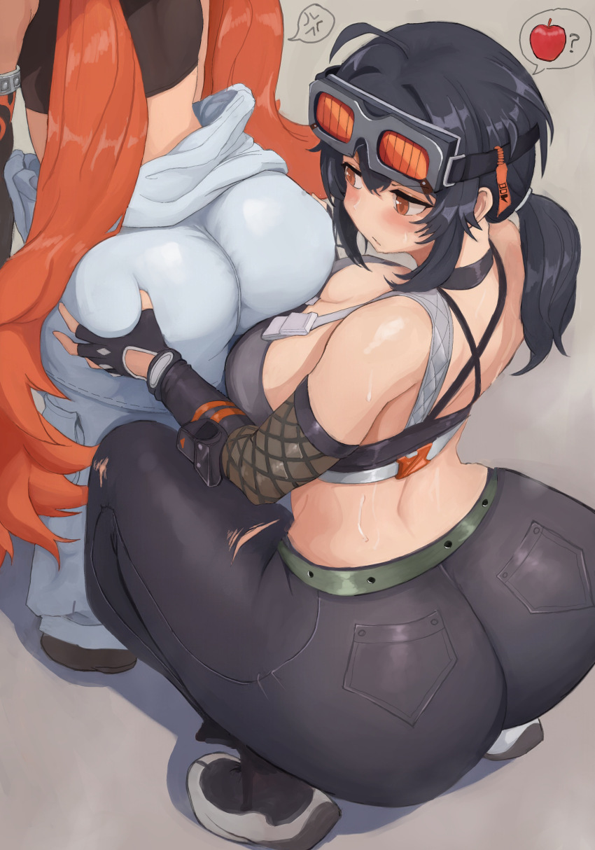 2girls absurdres ahoge anger_vein ass bare_shoulders black_gloves black_hair black_pants black_sports_bra breasts brown_eyes fingerless_gloves gloves goggles goggles_on_head grabbing_another&#039;s_ass grace_howard grey_background groping highres huge_ass kim_somang koleda_belobog kyojiri_loli large_breasts loli long_hair multiple_girls pants ponytail red_hair simple_background spoken_anger_vein sports_bra squatting standing sweat torn_clothes torn_pants twintails very_long_hair yuri zenless_zone_zero