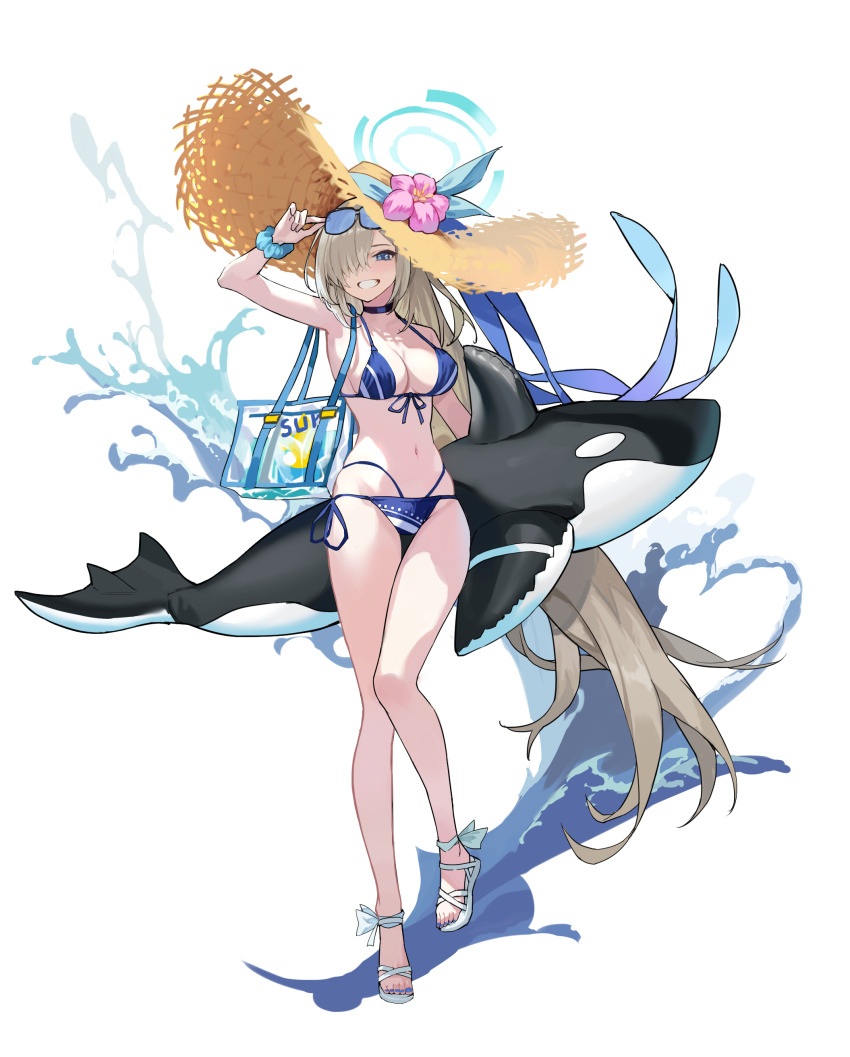 1girl absurdres asuna_(blue_archive) bikini blue_archive blue_bikini blue_eyes breasts eyewear_on_head front-tie_bikini_top front-tie_top full_body hat highres htt_(qwe87851618) inflatable_orca inflatable_toy large_breasts light_brown_hair long_hair navel sandals side-tie_bikini_bottom solo standing standing_on_one_leg straw_hat sunglasses swimsuit transparent_bag very_long_hair