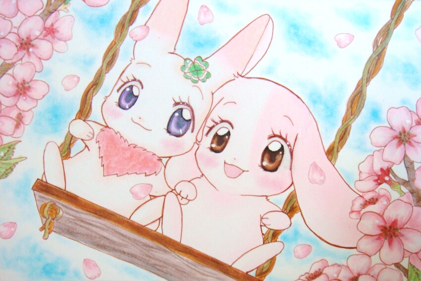 :3 animal_focus blush brown_eyes cherry_blossoms chima_(happy_happy_clover) clover_hair_ornament commentary_request fluffy hair_ornament happy_happy_clover highres holding_hands lop_rabbit marker_(medium) meru_(happy_happy_clover) no_humans on_swing open_mouth outdoors petals purple_eyes rabbit sky swing swinging traditional_media yokki_(miru877)
