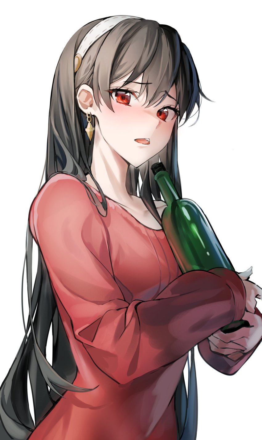 1girl absurdres black_hair blush bottle breasts collarbone commentary dress earrings eyelashes furrowed_brow hairband highres holding holding_bottle jewelry large_breasts long_hair long_sleeves looking_at_viewer nagul off-shoulder_dress off_shoulder open_mouth red_dress red_eyes sidelocks simple_background solo spy_x_family sweater sweater_dress white_background white_hairband wine_bottle yor_briar