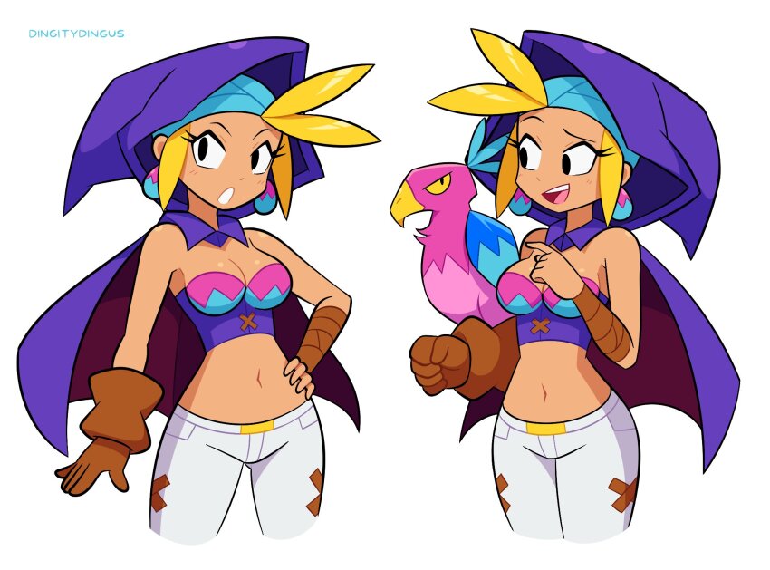 animal_on_arm antenna_hair artist_name bare_shoulders bikini bikini_top_only bird bird_on_arm bird_on_hand blonde_hair capelet crop_top dark-skinned_female dark_skin egg_earrings gloves hawk highres looking_at_another looking_to_the_side navel open_mouth pants purple_hood shantae_(series) single_glove sky_(shantae) strapless swimsuit vinny_(dingitydingus) white_pants wrench_(shantae)