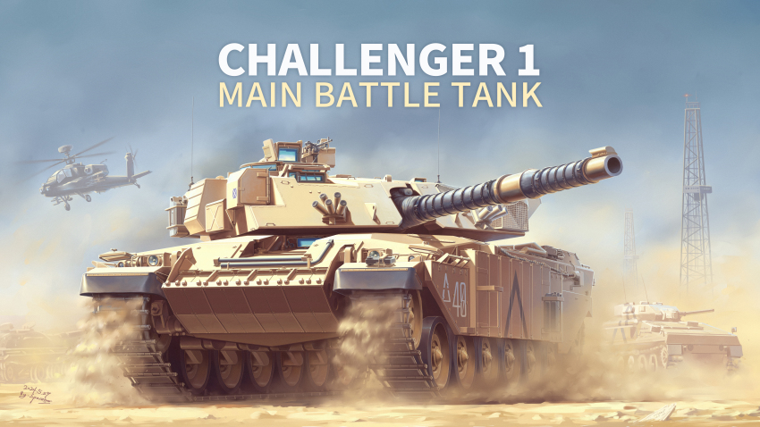 absurdres ah-64_apache aircraft attack_helicopter camouflage cannon caterpillar_tracks challenger_1 commission day desert desert_camouflage dust helicopter highres military_vehicle motor_vehicle original outdoors pixiv_commission spacebar_hobby tank united_kingdom vehicle_focus