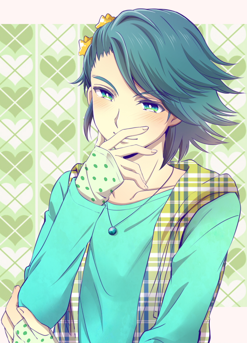 1boy black_hair blush collarbone flipped_hair green_eyes green_shirt green_theme hair_ornament hand_on_own_chin hand_on_own_elbow hand_on_own_shoulder heart highres jewelry kamen_rider kamen_rider_w long_sleeves looking_at_viewer male_focus necklace philip philip_(kamen_rider) plaid_clothes plaid_vest polka_dot shirt short_hair smile solo star_(symbol) vest yukihira