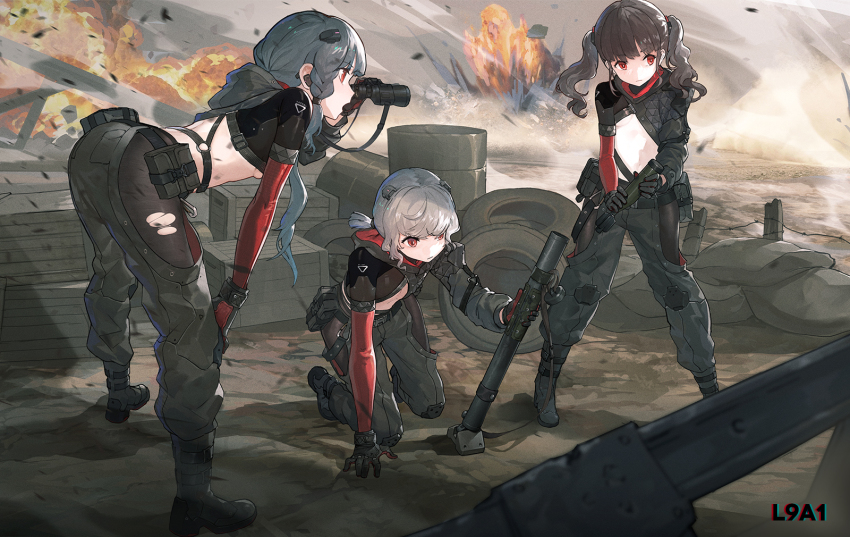 3girls ammunition ass asymmetrical_sleeves barbed_wire bending black_boots black_gloves black_hair bomb boots character_name clothing_cutout commentary drum_(container) english_commentary explosion explosive fence girls&#039;_frontline gloves grey_hair head_ornament highres holding holding_bomb l9a1_(girls&#039;_frontline) l9a1_51_mm_light_mortar long_hair mortar_(weapon) mortar_shell multicolored_hair multiple_girls navel_cutout official_art pantyhose red_eyes red_sleeves sandbag torn_clothes torn_pantyhose twintails unused_tire wooden_box
