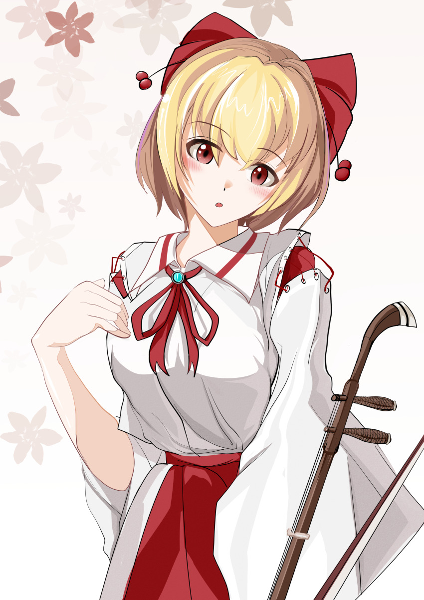 1girl absurdres blonde_hair blush bow bowtie chinese_commentary commentary detached_sleeves dxt erhu flower hair_ornament hair_ribbon highres holding holding_instrument instrument long_sleeves looking_at_viewer open_mouth red_bow red_eyes red_flower red_skirt ribbon satsuki_rin shirt simple_background skirt solo touhou