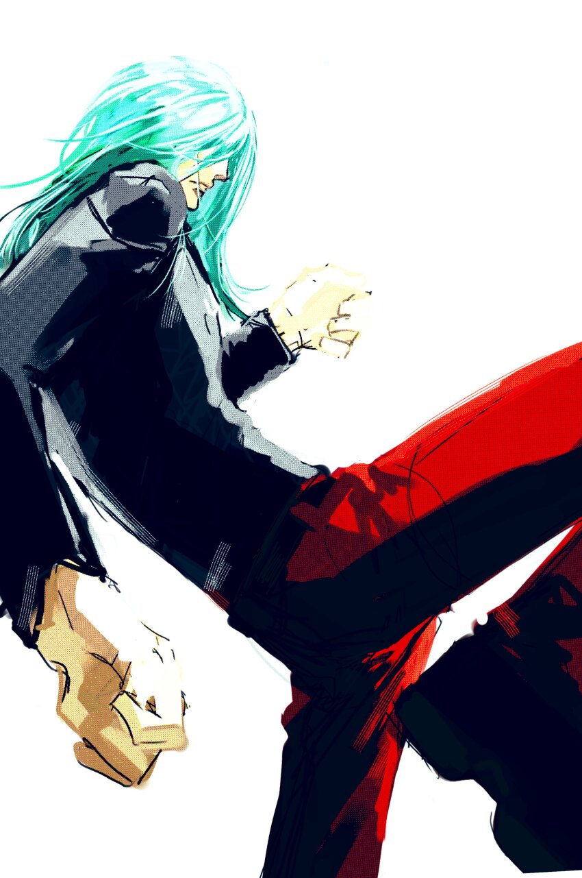 1boy absurdres black_jacket black_shoes blue_hair clenched_hand hair_blowing hair_over_eyes highres jacket leg_lift long_hair long_sleeves pants red_pants remy_(street_fighter) shoes street_fighter street_fighter_iii_(series) toubankaware