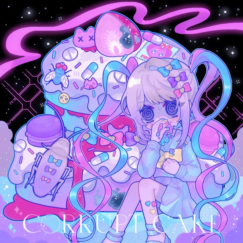 1girl @_@ black_eyes blonde_hair blood blue_bow blue_footwear blue_hair blue_nails blue_shirt blue_skirt bow bug cat chouzetsusaikawa_tenshi-chan cockroach commentary covering_own_mouth fly food fruit hair_bow hair_ornament hand_over_own_mouth hand_up heart heart_hair_ornament highres insect long_hair long_sleeves macaron multicolored_hair multicolored_nails needy_girl_overdose pastel_colors pill pink_bow pink_hair pink_nails pleated_skirt purple_bow quad_tails sailor_collar school_uniform serafuku shaded_face shirt sick sitting skirt solo sparkle strawberry sweatdrop symbol-only_commentary twintails umi_usagi_(tako46065430) very_long_hair vomiting vomiting_rainbows yellow_bow yellow_nails