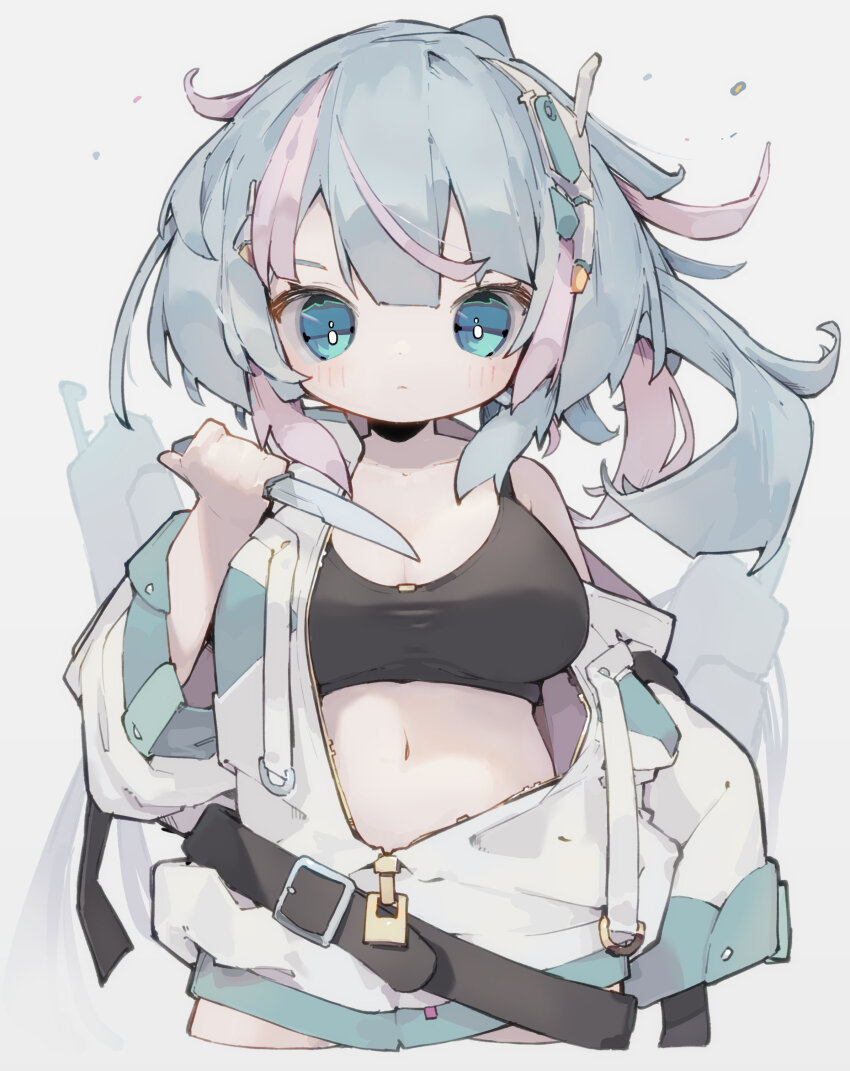 1girl absurdres aqua_eyes aqua_trim belt belt_buckle black_belt black_bra blue_hair bra breasts buckle cleavage closed_mouth commentary dated_commentary highres holding holding_knife jacket knife large_breasts long_hair long_sleeves looking_at_viewer multicolored_hair navel nep_(nep_76) original partially_unzipped pink_hair solo symbol-only_commentary two-tone_hair underwear white_jacket zipper zipper_pull_tab