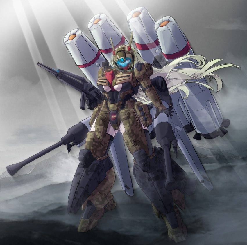 1girl absurdres antennae armor autocannon banshee_(last_origin) beam_rifle breasts camouflage cannon catastrophe_(catastroph13797) closed_mouth clothing_cutout crossover energy_gun green_hair groin groin_tendon gun gundam gundam_battle_operation_2 gundam_unicorn hair_between_eyes helm helmet highres holding holding_gun holding_weapon huge_breasts last_origin light_rays long_hair looking_at_viewer mecha_musume missile mountain overcast power_armor prototype_stark_jegan red_eyes science_fiction sky solo thighs thrusters underboob underboob_cutout vernier_thrusters weapon
