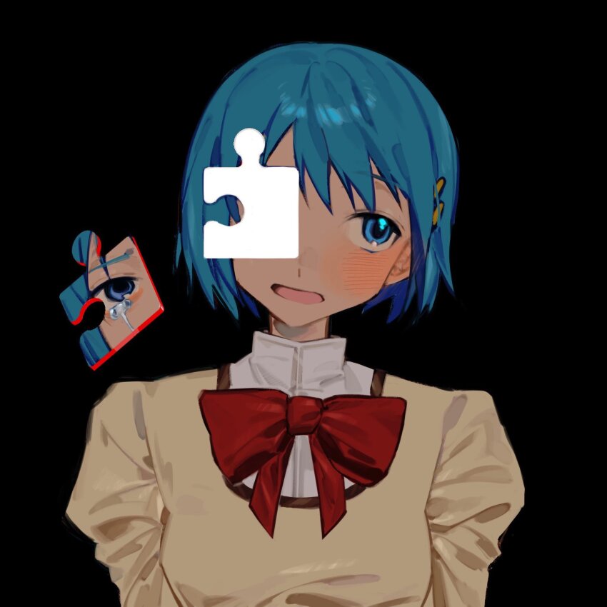 1girl black_background blue_eyes blue_hair blush bow crying crying_with_eyes_open hair_ornament head_tilt highres long_hair looking_to_the_side mahou_shoujo_madoka_magica miki_sayaka mitakihara_school_uniform open_mouth pkunooo portrait puffy_sleeves puzzle_piece red_bow school_uniform short_hair smile solo tears