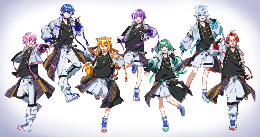 2girls 5boys :d ;d animal_ear_piercing animal_ears aqua_choker aqua_hair aqua_shoes belt black_gloves black_shirt blue_choker blue_eyes blue_hair blue_shoes cat_ears cat_girl chain chain_necklace character_request choker clenched_hands collarbone commentary_request copyright_request double-parted_bangs earrings fingerless_gloves full_body glasses gloves green_choker green_hair green_shoes grey_belt grey_jacket grin hair_between_eyes hair_ornament hand_on_own_hip hand_up highres jacket jewelry long_hair long_sleeves looking_at_viewer multicolored_hair multicolored_shoes multiple_boys multiple_girls necklace one_eye_closed open_clothes open_jacket open_mouth orange_hair orange_shoes outstretched_arm pants pink_choker pink_eyes pink_hair pink_shoes pleated_skirt purple_choker purple_eyes purple_hair purple_shoes red_choker red_eyes red_hair red_shoes shinishi_chiho shirt shoes short_hair shorts simple_background skirt smile sneakers standing standing_on_one_leg two-tone_hair two-tone_shoes v white_background white_hair white_pants white_shoes white_shorts white_skirt x_hair_ornament yellow_eyes