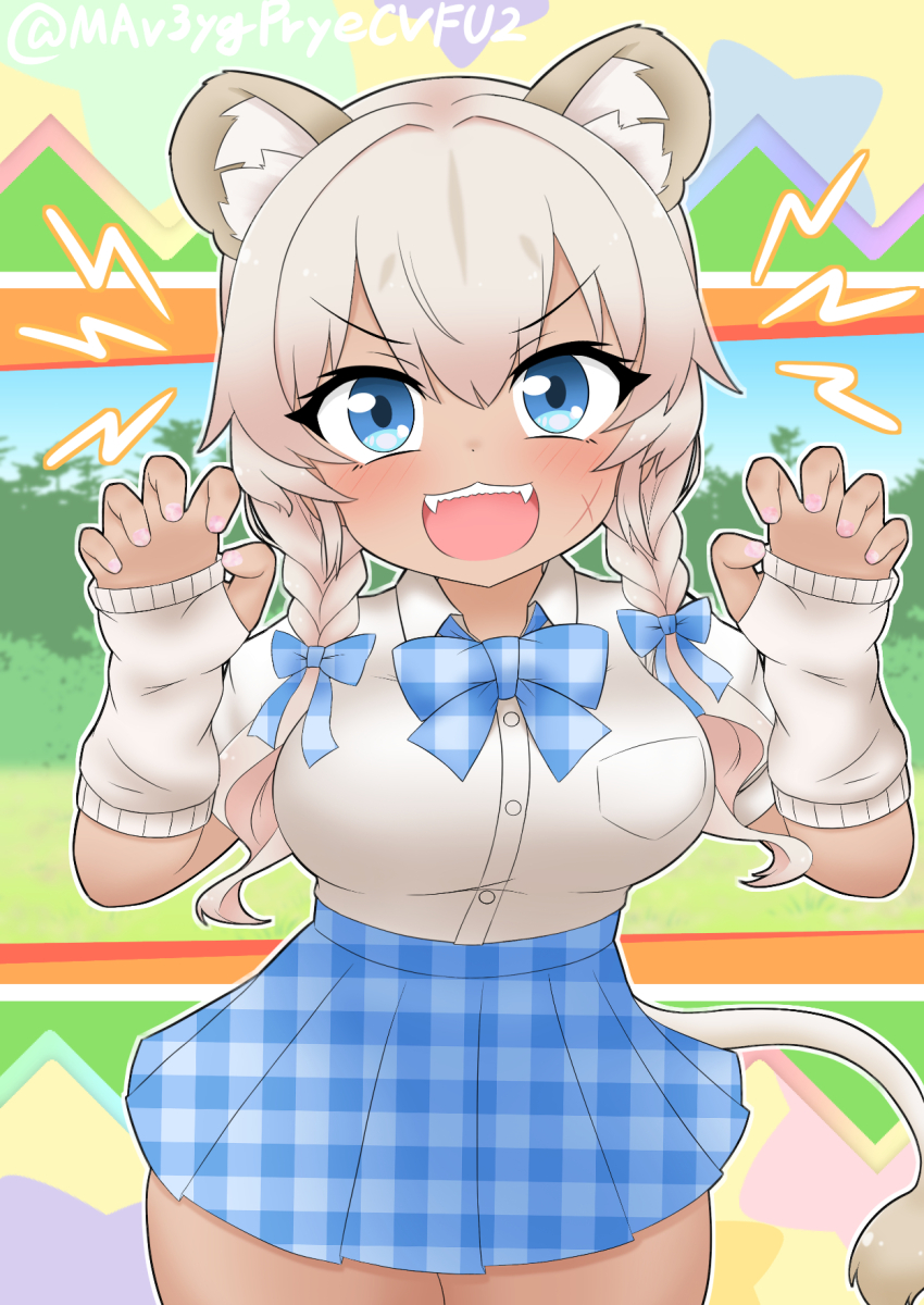 1girl animal_ears blue_bow blue_bowtie blue_eyes blue_skirt blush bow bowtie braid claw_pose cowboy_shot dark-skinned_female dark_skin detached_sleeves fangs hair_between_eyes hair_bow highres kemono_friends kemono_friends_3 lion_ears lion_girl lion_tail mabuta_(mbt) open_mouth plaid_bow plaid_bowtie plaid_clothes plaid_skirt pleated_skirt puffy_short_sleeves puffy_sleeves school_uniform shirt shirt_tucked_in short_hair short_sleeves sidelocks skirt sleeves_past_wrists solo t-shirt tail thumb_hole_sleeves transvaal_lion_(kemono_friends) twin_braids white_hair white_shirt white_sleeves