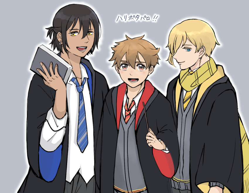 akitsuki_sho black_hair blonde_hair blue_eyes book brown_eyes brown_hair cloak collared_shirt cosplay harry_potter harry_potter_(cosplay) harry_potter_(series) hinaoka_masaki holding holding_book necktie reko_(user_gzwg3227) scarf school_uniform shirt simple_background sweater tanaka_nalu translation_request wand wave!!_surfing_yappe!! wizarding_world yellow_eyes