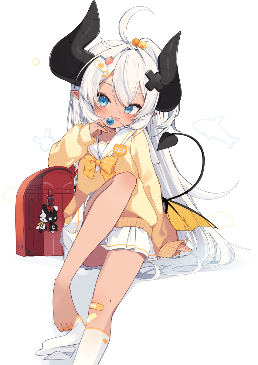 1girl absurdres asagawa_mikan asagawa_mikan_(peachy_michi) backpack bag bandaid bandaid_hair_ornament bandaid_on_knee bandaid_on_leg barefoot black_horns black_tail blue_eyes candy cardigan commentary demon_girl demon_horns demon_tail demon_wings english_commentary feet food food-themed_hair_ornament foot_out_of_frame hair_ornament hairclip highres holding holding_candy holding_food holding_lollipop horns invisible_chair kneehighs legs lollipop long_hair long_sleeves looking_at_viewer miniskirt mole mole_on_leg nail_polish name_tag orange_cardigan orange_nails original pleated_skirt pointy_ears puffy_long_sleeves puffy_sleeves randoseru red_bag sailor_collar simple_background single_sock sitting skirt sleeves_past_wrists socks strawberry_hair_ornament tail toenail_polish toenails toes very_long_hair white_background white_hair white_sailor_collar white_skirt white_socks wings yellow_wings