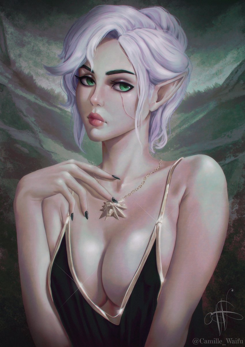 1girl absurdres alternate_breast_size artist_name black_dress black_nails blonde_hair breasts camille_waifu choker ciri cleavage closed_mouth collarbone dress elf eyelashes gem gold_choker green_eyes grey_hair highres jewelry large_breasts lips looking_at_viewer makeup medium_breasts nail_polish necklace open_clothes pointy_ears scar short_hair signature simple_background solo the_witcher_(series) twitter_username wolf