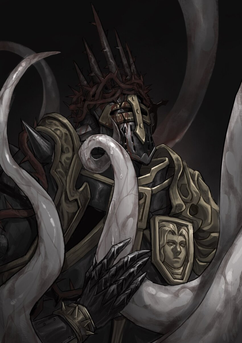 1boy armor armored_gloves black_background blood blood_on_armor cape character_request commentary copyright_request english_commentary full_armor grey_eyes helmet highres knight looking_up shoulder_armor tentacles tworain_w upper_body yellow_cape