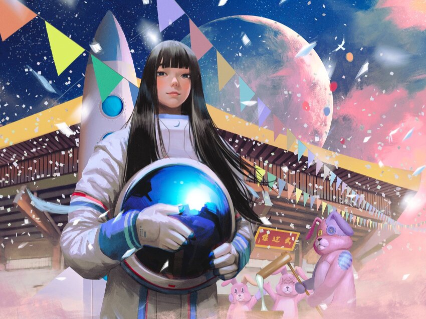 1girl banner bird black_eyes black_hair confetti food helmet highres holding holding_helmet kine long_hair mallet mochi mochitsuki moon moon_rabbit mortar_(bowl) nippon_budokan_(building) original outdoors rabbit rocket_ship smile space_helmet spacecraft spacesuit wataboku