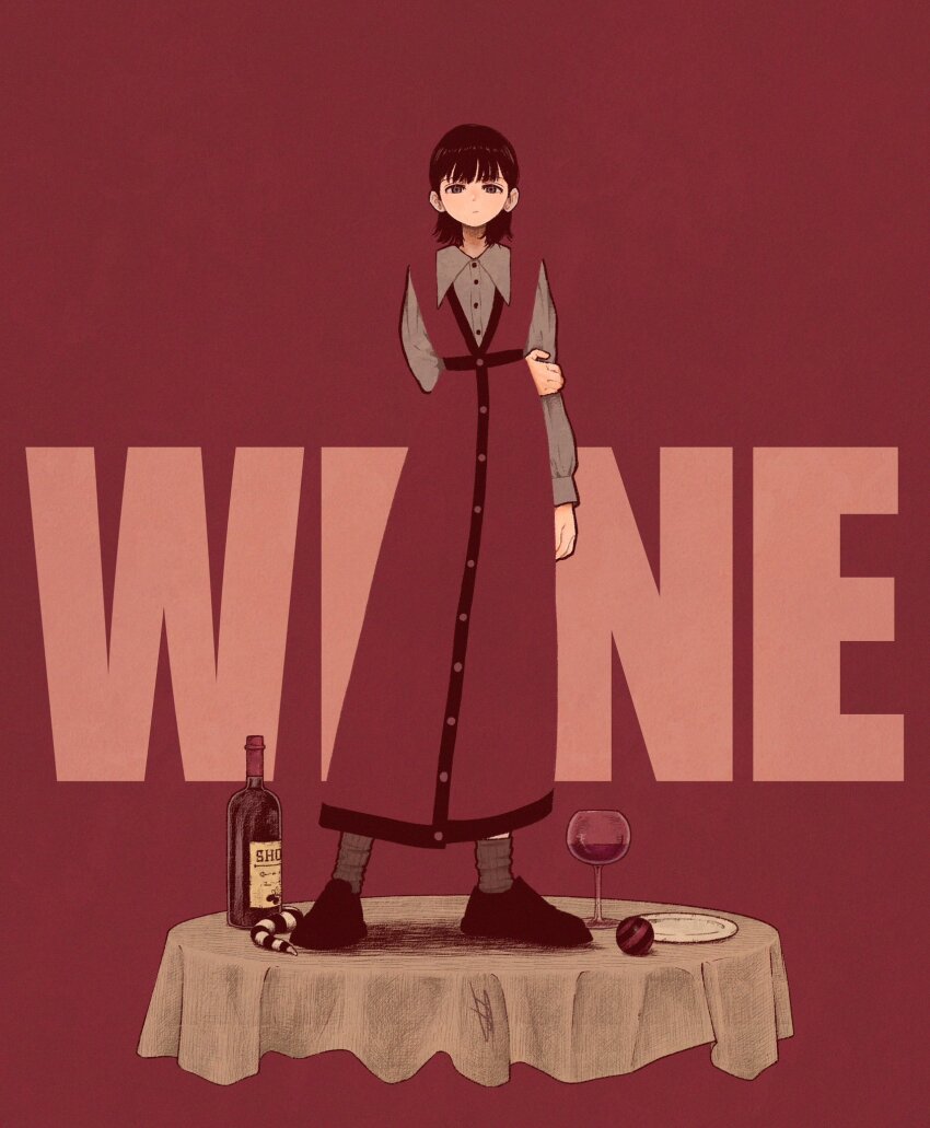 1girl alcohol arm_behind_back ball black_eyes black_hair blending bottle cup dress drinking_glass english_text grey_shirt highres long_sleeves looking_at_viewer medium_hair original plate red_background red_dress shirt solo standing syooooyoooo table wine wine_glass