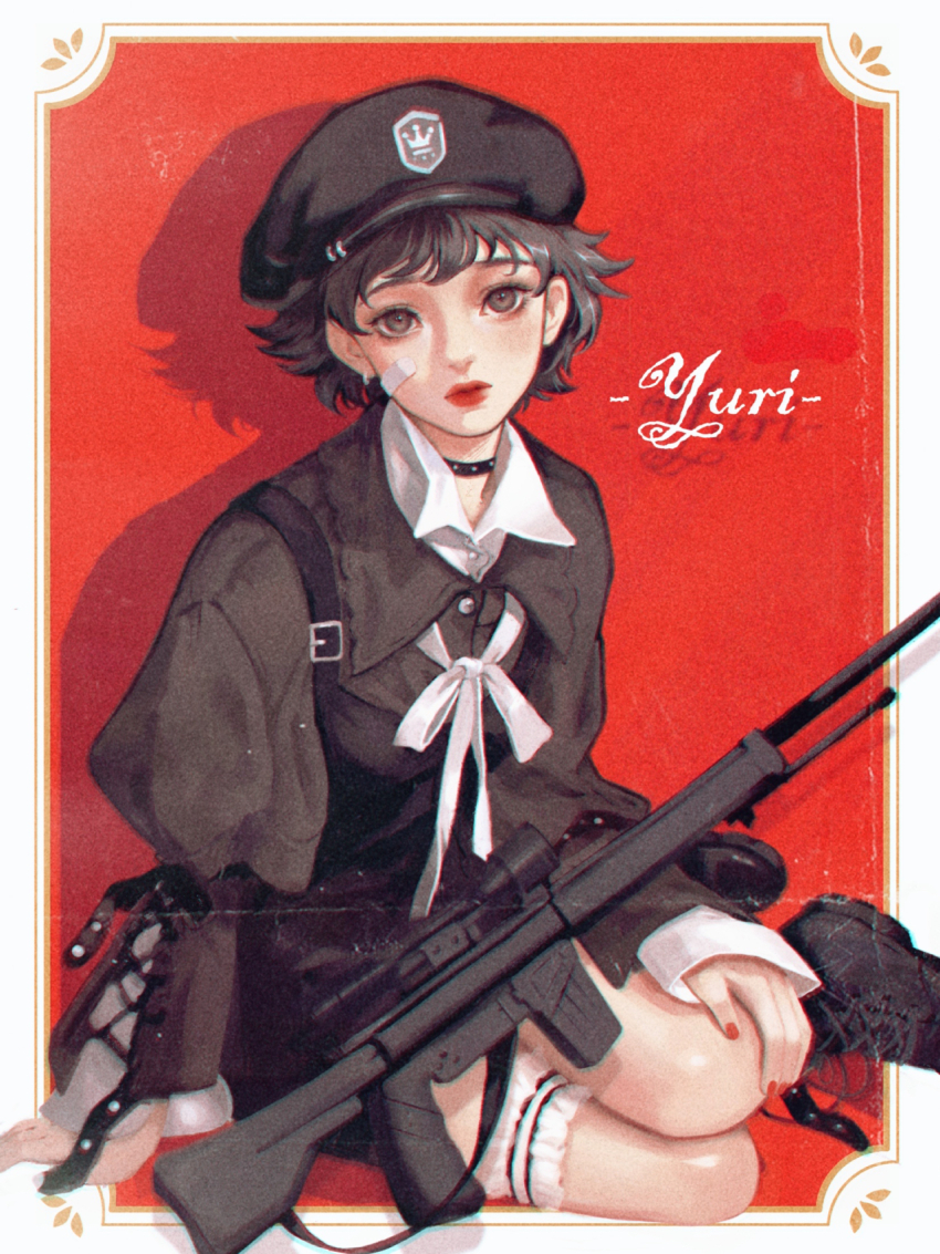 1girl arm_belt artist_name assault_rifle bandaid bandaid_on_cheek bandaid_on_face belt belt_buckle belt_collar black_belt black_boots black_dress black_hat boots border bow bowtie brown_eyes brown_hair buckle buttons cabbie_hat chinese_commentary closed_mouth collar collared_shirt commentary_request cross-laced_clothes cross-laced_sleeves crown_print dress expressionless eyelashes film_grain frilled_thigh_strap full_body grey_shirt gun hand_on_own_knee hat hat_belt highres juliet_sleeves lace-up_boots layered_sleeves light_blush light_particles lipstick long_sleeves looking_at_viewer makeup multiple_belts nail_polish original outside_border puffy_sleeves red_background red_lips red_nails rifle shirt short_dress short_hair sitting solo studded_belt thigh_strap weapon white_border white_bow white_bowtie white_garter white_shirt yokozuwari youlizi-yuri