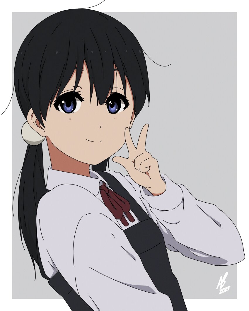 1girl absurdres animebrit artist_name black_hair blue_eyes closed_mouth dot_nose highres kitashirakawa_tamako long_hair long_sleeves looking_at_viewer school_uniform simple_background smile solo tamako_market v
