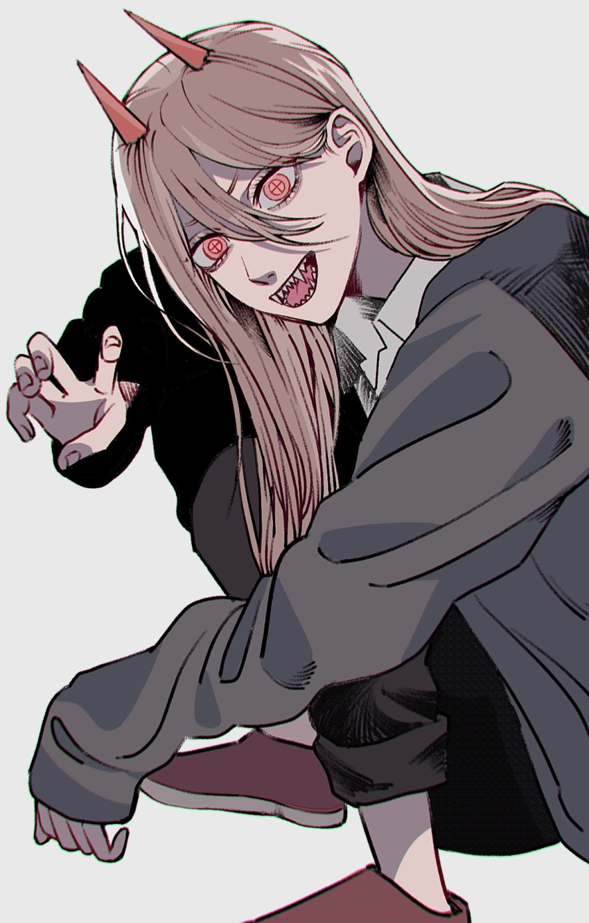 1girl black_pants chainsaw_man commentary_request cross-shaped_pupils fangs grey_hoodie hair_between_eyes highres hood hoodie horns light_brown_hair llq9ull long_sleeves looking_at_viewer open_mouth pants pants_rolled_up pink_eyes power_(chainsaw_man) red_horns sharp_teeth sleeves_past_wrists smile solo squatting symbol-shaped_pupils teeth tongue