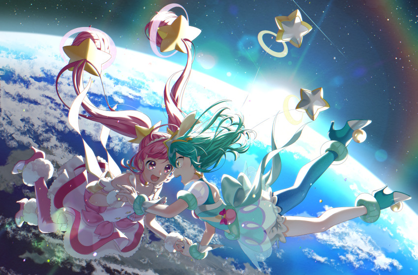 2girls :d absurdres ankle_cuffs antennae aqua_choker aqua_eyes aqua_hair bare_shoulders choker cure_milky cure_star dress earrings earth_(planet) face-to-face floating_hair from_side gold_earrings hagoromo_lala hair_ornament hairband high_heels highres holding_hands hoshina_hikaru huge_filesize interlocked_fingers jewelry lens_flare long_hair looking_at_another lower_teeth_only magical_girl multiple_girls open_mouth orbit pink_dress pink_hair planet planet_hair_ornament pointy_ears precure rainbow see-through_clothes see-through_sleeves single_leg_pantyhose smile space sparkle star_(sky) star_(symbol) star_choker star_earrings star_hair_ornament star_in_eye star_twinkle_precure sun symbol-only_commentary symbol_in_eye teeth upper_teeth_only very_long_hair wrist_cuffs yellow_hairband yupiteru zero_gravity