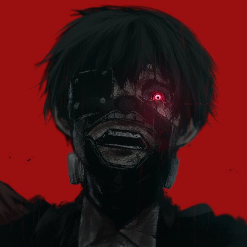 1boy black_hair black_jacket black_mask black_theme collared_shirt comic_panel_redraw derivative_work eyepatch from_below furrowed_brow glowing glowing_eyes highres jacket kaneki_ken leather_mask long_bangs looking_at_viewer looking_down male_focus mask open_mouth portrait red_background red_eyes scared shirt short_hair solo teeth tokyo_ghoul uelitelb white_shirt