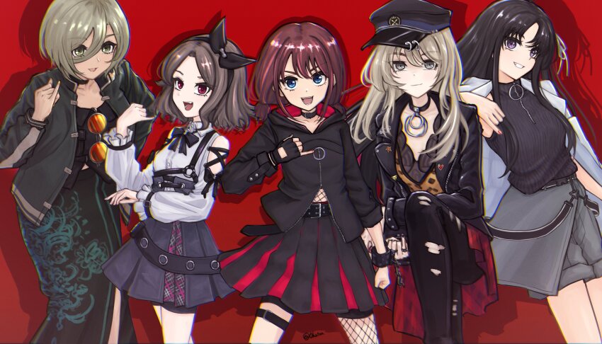 5girls absurdres ahoge awa_subaru belt black_bow black_bowtie black_choker black_gloves black_hair black_hairband black_hat black_jacket black_pants black_skirt black_sweater blue_eyes bow bow_hairband bowtie brown_hair chain chest_strap choker closed_mouth clothing_cutout ebizuka_tomo eyewear_hang fingerless_gloves fishnet_thighhighs fishnets girls_band_cry gloves green_eyes grey_eyes grey_skirt grin hair_ribbon hairband hand_up hat highres iseri_nina jacket jacket_on_shoulders jewelry kawaragi_momoka light_brown_hair long_hair long_sleeves looking_at_viewer medium_hair multiple_girls multiple_rings open_clothes open_jacket open_mouth pants parted_lips pinky_out pleated_skirt purple_eyes red_background red_eyes red_hair red_nails red_skirt ribbon ring rupa_(girls_band_cry) shadow shirt short_hair shoulder_cutout single_thighhigh skirt sleeveless sleeveless_sweater smile sunglasses sweater thigh_strap thighhighs tomare_(akashingou) torn_clothes torn_pants twitter_username unworn_eyewear white_jacket white_ribbon white_shirt yellow_nails