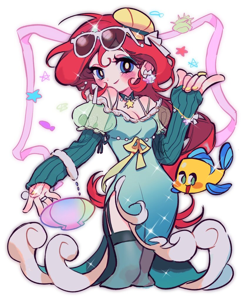 1girl absurdres alternate_costume aqua_dress ariel_(disney) bag blue_eyes blush bow breasts choker cleavage dress eyewear_on_head fish flounder_(the_little_mermaid) garter_straps handbag highres kerberos_(kerbe_) long_hair looking_at_viewer nail_polish red_hair seashell shell smile solo star_(symbol) sunglasses the_little_mermaid_(disney) thighhighs