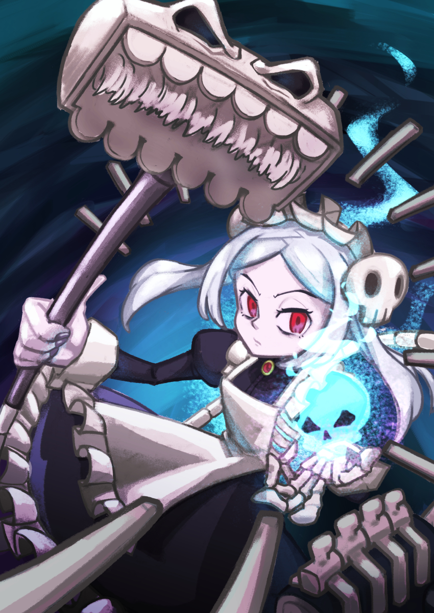 1girl absurdres bloody_marie_(skullgirls) blue_background brooch grey_hair hair_ornament highres jewelry juliet_sleeves long_sleeves maid_headdress onozawa_(buresu21) puffy_sleeves red_eyes skull skull_hair_ornament skullgirls solo twintails vacuum_cleaner