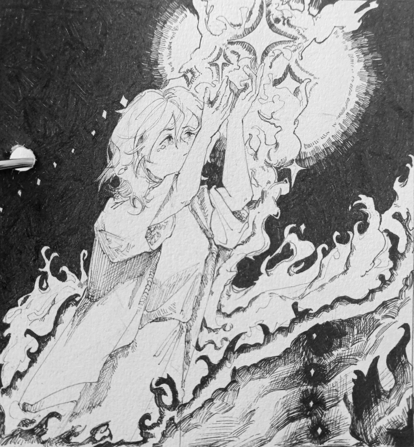 1girl absurdres bare_arms closed_mouth coat cowboy_shot crying crying_with_eyes_open dai_(097750) determined fingernails fire frown greyscale hair_between_eyes highres long_hair long_skirt looking_at_object monochrome open_clothes open_coat reaching saibou_shinkyoku shirt short_sleeves skirt smoke solo sparkle teardrop tears traditional_media yanagi_nina