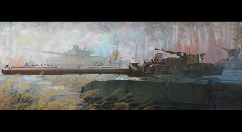 caterpillar_tracks commentary_request cronstatd dated day forest gun highres letterboxed machine_gun military military_vehicle motor_vehicle nature no_humans object_477 original signature t-72 tank tree vehicle_focus weapon wetland