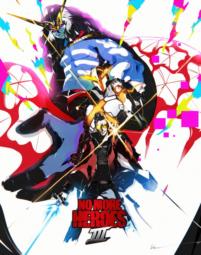 2boys absurdres alien armor black_hair blue_skin colored_skin copyright_name energy_sword extra_eyes fu_(no_more_heroes) glowing highres jacket kubaushi lens_flare male_focus multiple_boys no_more_heroes no_more_heroes_3 power_armor red_jacket smile sunglasses sword travis_touchdown weapon