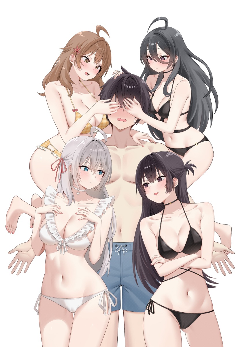 1boy 4girls :d alisa_mikhailovna_kujou bikini black_bikini black_hair blue_eyes blue_male_swimwear bow bow_bikini breasts brother_and_sister brown_eyes brown_hair bygin cleavage closed_mouth collarbone covering_another&#039;s_eyes frilled_bikini frills hands_on_own_chest highres kimishima_ayano kuze_masachika large_breasts looking_at_another looking_to_the_side male_swimwear mariya_mikhailovna_kujou medium_breasts multiple_girls navel open_mouth orange_bikini pectorals short_hair siblings side-tie_bikini_bottom simple_background sisters smile suou_yuki sweatdrop swim_trunks swimsuit thighs tokidoki_bosotto_roshia-go_de_dereru_tonari_no_alya-san tongue topless_male white_background white_bikini white_hair