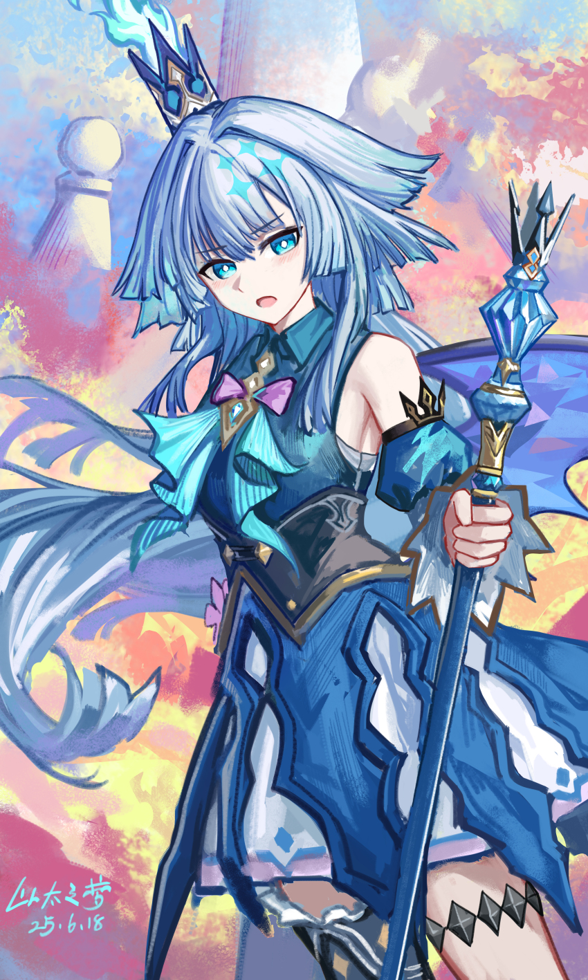 1girl absurdres black_thighhighs blue_dress blue_eyes blue_hair breasts cane cerydra_(honkai:_star_rail) chess_piece commentary_request crown dated dress highres holding holding_cane honkai:_star_rail honkai_(series) long_hair looking_at_viewer mini_crown open_mouth pawn_(chess) single_thighhigh solo thighhighs thighs yitai_zhi_meng