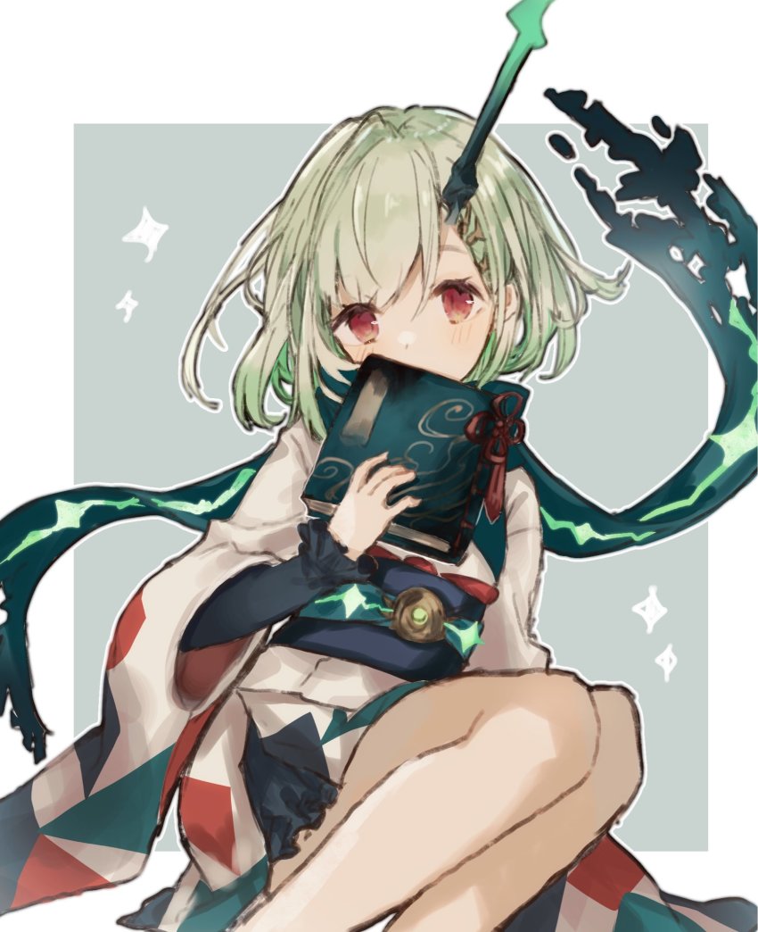 1girl blush book border covering_own_mouth green_hair hair_ornament hairclip highres holding holding_book japanese_clothes kimono little_match_girl_(sinoalice) looking_at_viewer merry-san red_eyes scarf short_hair simple_background sinoalice sitting solo sparkle