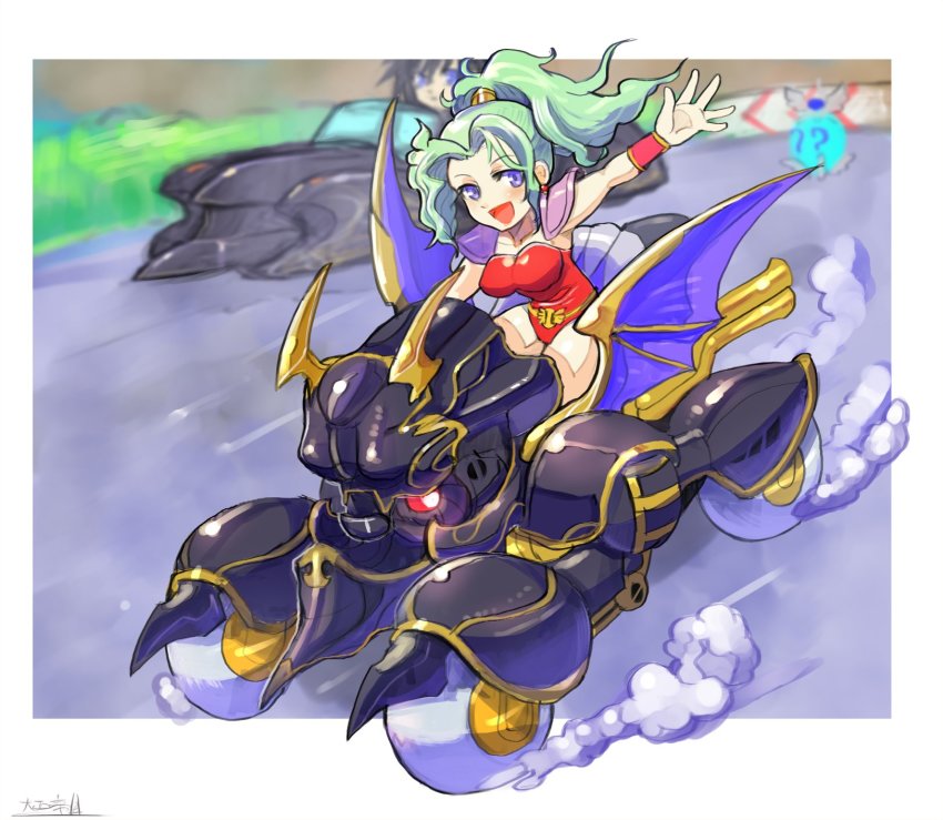 1boy 1girl adapted_object armor black_hair blurry blurry_background car chocobo_gp driving final_fantasy final_fantasy_vi final_fantasy_xv highres leotard looking_at_viewer magitek_armor motor_vehicle noctis_lucis_caelum oomasa_teikoku racetrack racing red_leotard regalia_(final_fantasy) shoulder_armor smile square_enix tina_branford vehicle_focus waving