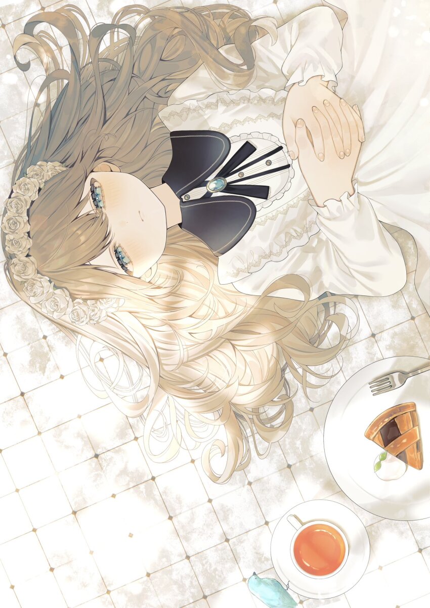 1girl bib_collar bird black_ribbon blonde_hair blue_bird blue_eyes blush brooch closed_mouth collar commentary contrast_collar cup dappled_sunlight dot_nose dress eyelashes fingernails flower flower_wreath food fork frilled_collar frilled_dress frills half-closed_eyes hands_on_own_chest head_wreath highres jewelry long_hair long_sleeves lying melt_nem neck_ribbon on_back on_ground original own_hands_clasped own_hands_together pie pie_slice plate ribbon rose round_collar saucer shade sideways solo sunlight symbol-only_commentary tea teacup upper_body white_dress white_flower white_rose
