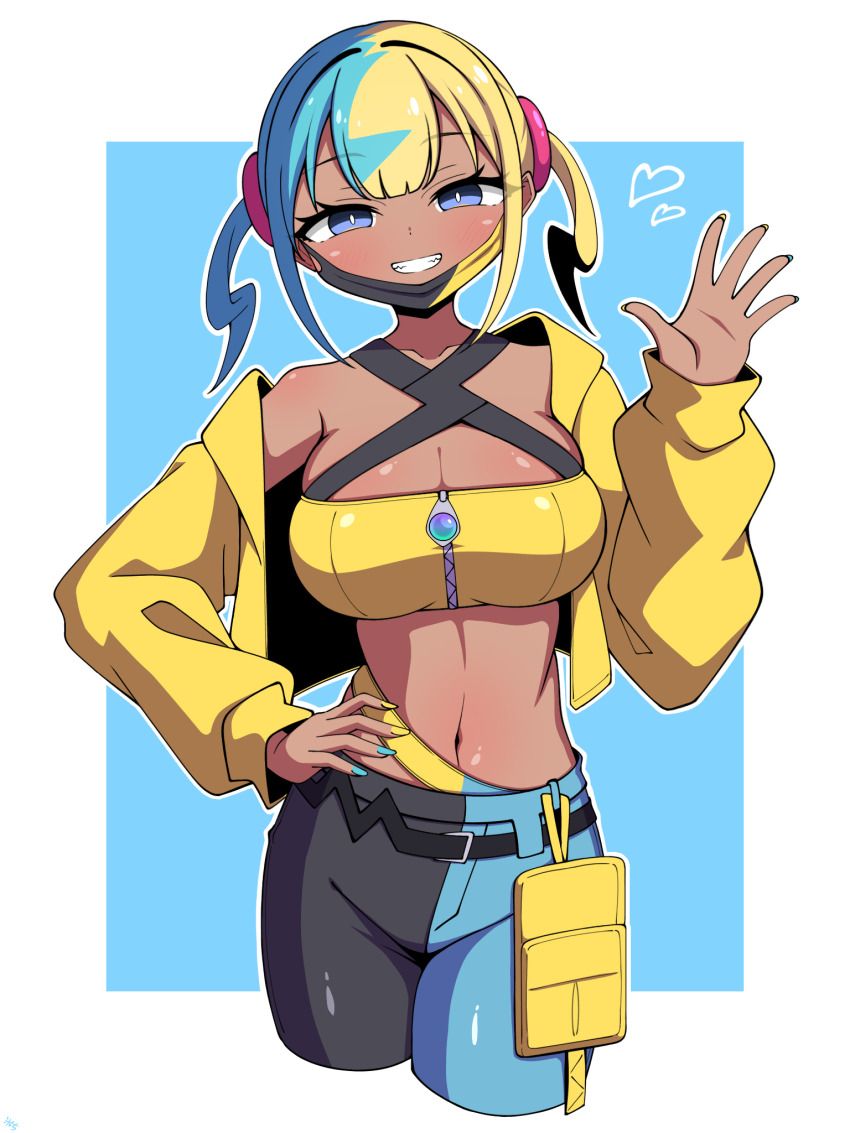 1girl black_hair blonde_hair blue_eyes blue_hair breasts canari_(pokemon) cleavage heart highres jacket komemimi_0523 large_breasts multicolored_hair nail_polish navel nintendo open_clothes open_jacket pants pokemon pokemon_legends:_z-a smile solo split-color_hair tank_top waving yellow_jacket