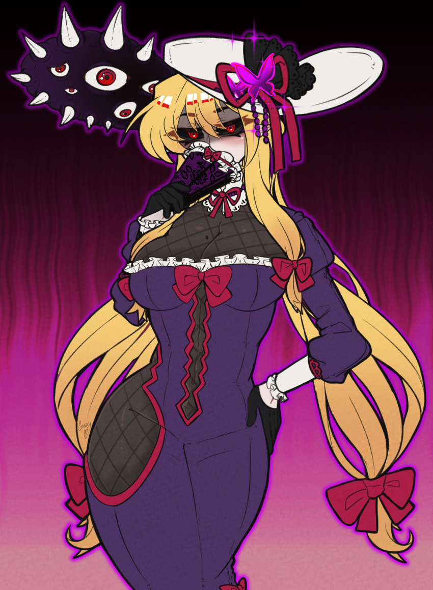 1girl absurdres adapted_costume black_sclera blonde_hair blush bow breasts cleavage colored_sclera commentary double-parted_bangs dress english_commentary fan_over_face fishnet_fabric frills full_body gap_(touhou) hair_between_eyes hair_bow hand_fan highres holding holding_fan large_breasts long_hair long_sleeves looking_at_viewer midriff_peek mole mole_on_breast multiple_hair_bows pointy_ears purple_dress red_bow red_eyes rinnytanart sideburns sidelocks simple_background solo standing touhou very_long_hair yakumo_yukari