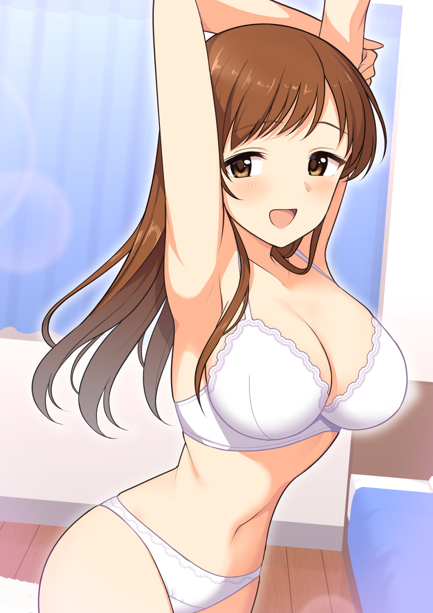 absurdres armpits arms_up bed bedroom bra breasts brown_eyes brown_hair curtains highres idolmaster idolmaster_cinderella_girls large_breasts long_hair looking_at_viewer nitta_minami open_mouth panties perapera stretching underwear underwear_only white_bra white_panties