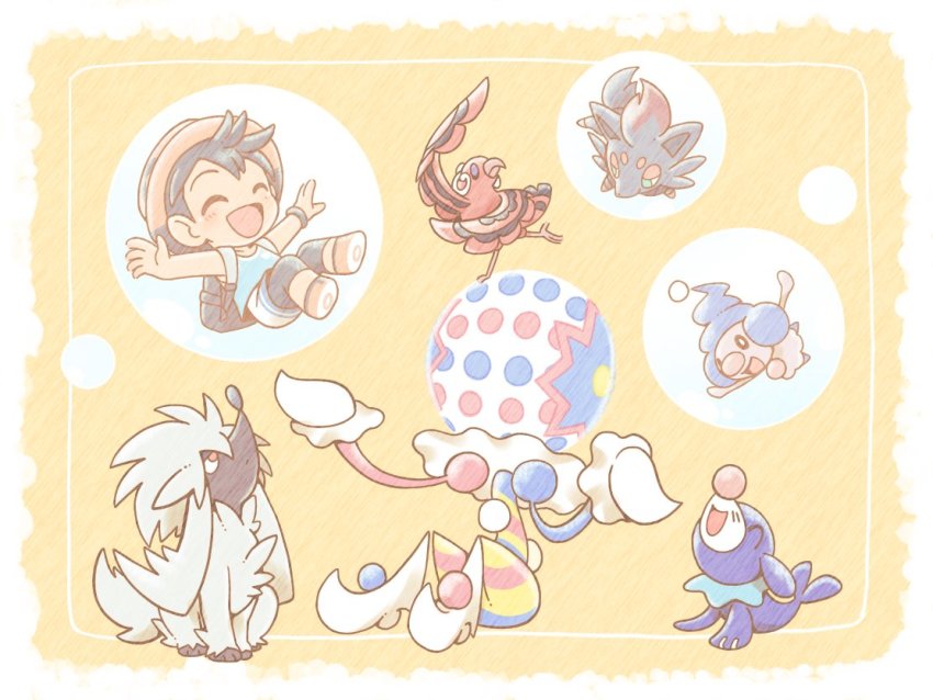 1boy :d backpack bag blacephalon black_hair blue_shirt blush border bubble closed_eyes commentary_request elio_(pokemon) framed furfrou furfrou_(natural) gen_4_pokemon gen_5_pokemon gen_6_pokemon gen_7_pokemon hat leggings male_focus mime_jr. nagi_(exsit00) nintendo open_mouth oricorio oricorio_(baile) pokemon pokemon_(creature) pokemon_usum shirt shoes short_hair shorts sleeveless sleeveless_shirt smile tongue ultra_beast white_border zorua
