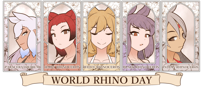 5girls animal_ears art_nouveau black_rhinoceros_(kemono_friends) blonde_hair brown_eyes closed_eyes dress extra_ears flower grey_eyes grey_hair highres indian_rhinoceros_(kemono_friends) kawanami_eito kemono_friends long_hair looking_at_viewer multiple_girls paraceratherium_(kemono_friends) red_hair rhinoceros_ears rhinoceros_girl sumatran_rhinoceros_(kemono_friends) white_rhinoceros_(kemono_friends)