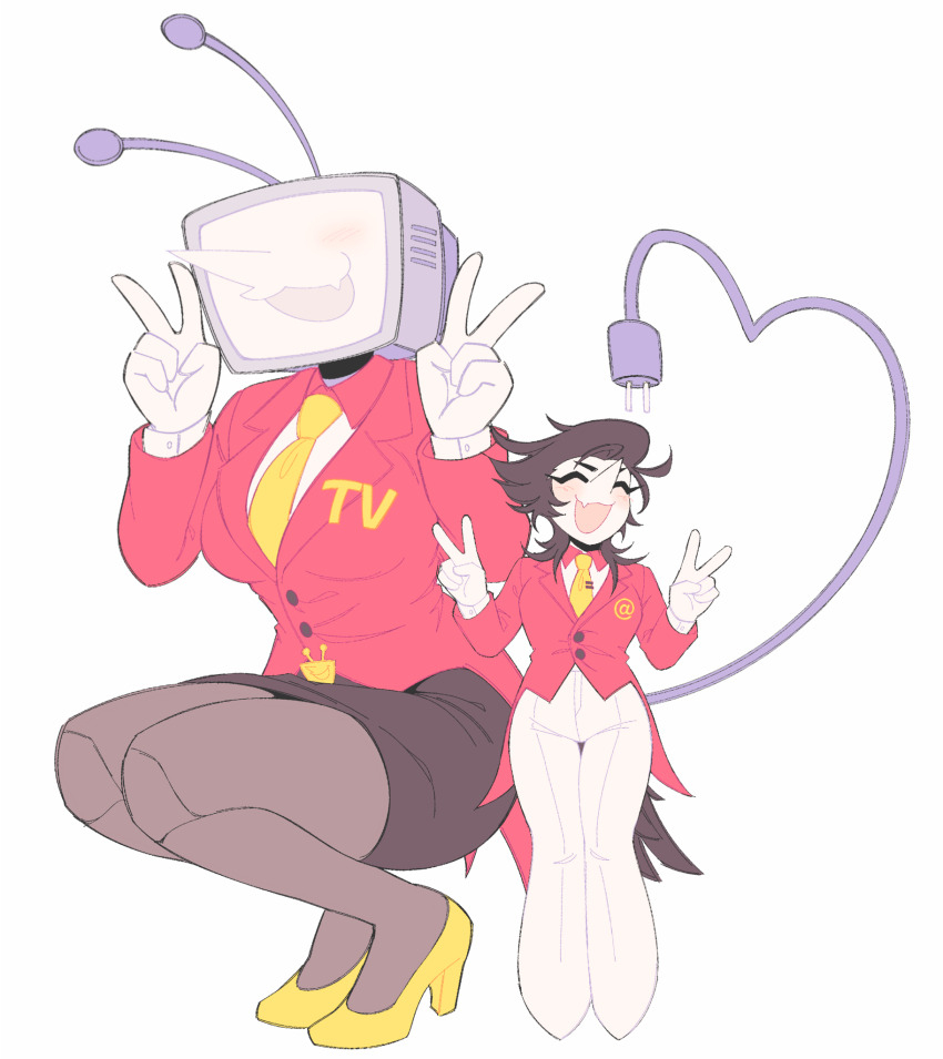 2girls ant_tenna bird_tail black_hair black_skirt blush closed_eyes clothed_robot collared_shirt colored_skin commentary crt deltarune double_v electric_plug electric_plug_tail english_commentary fang full_body genderswap genderswap_(mtf) gloves highres humanoid_robot long_nose medium_hair multiple_girls necktie object_head pants pantyhose pointy_nose radio_antenna robot shirt shoes simple_background skin_fang skirt smile spamton_g._spamton spamton_g._spamton_(big_shot) squatting tail tailcoat utdr_(toby_fox) v wav3rr white_background white_gloves white_pants white_shirt white_skin yellow_necktie yellow_shoes