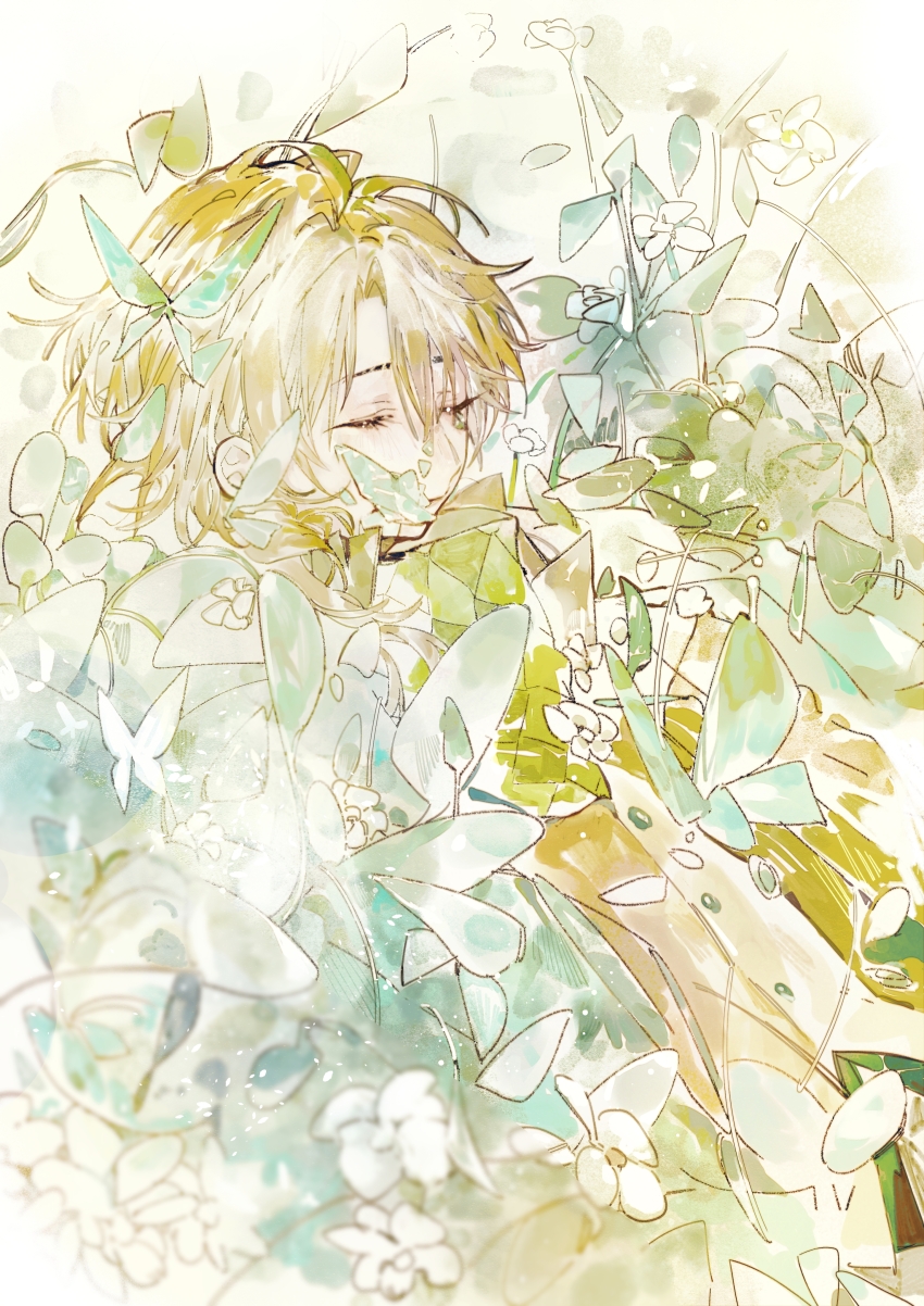 1boy absurdres aesop_carl aesop_carl_(&quot;greenhouse&quot;) ayi15181 blonde_hair blurry blush bug butterfly buttons closed_eyes closed_mouth crying eyelashes flower green_butterfly highres identity_v insect male_focus parted_bangs petals short_hair solo tears upper_body white_butterfly white_flower white_petals