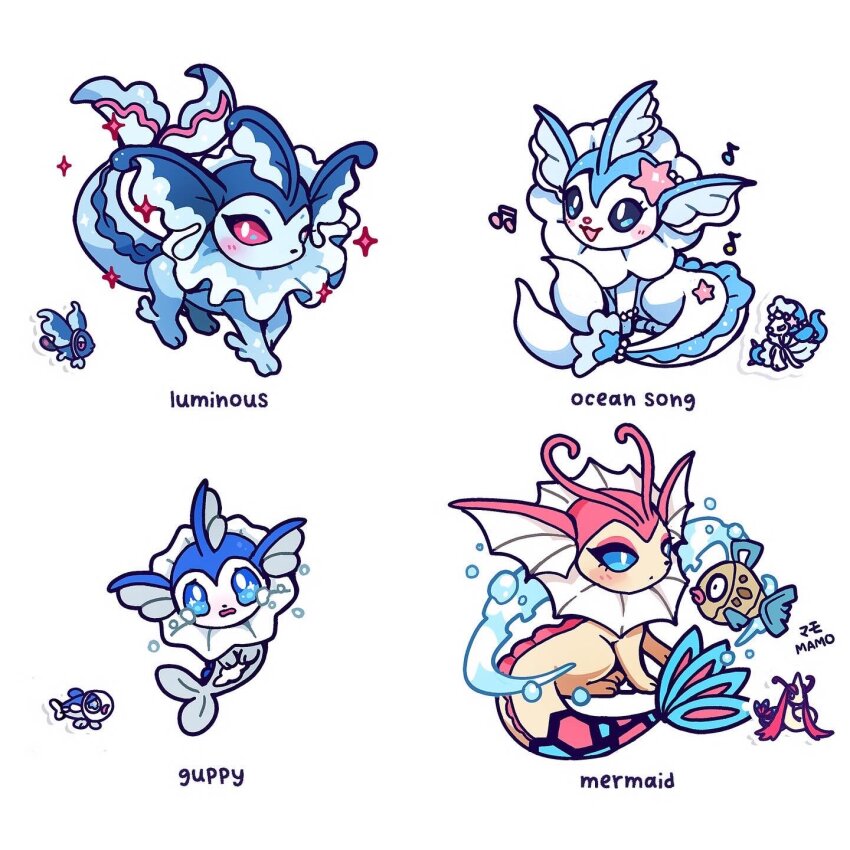 animal_focus antennae blue_eyes blush commentary english_commentary feebas full_body fusion gen_1_pokemon gen_3_pokemon gen_4_pokemon gen_7_pokemon highres lumineon mamobot milotic musical_note nintendo no_humans open_mouth pink_eyes pokemon pokemon_(creature) primarina tears vaporeon white_background wishiwashi wishiwashi_(solo)